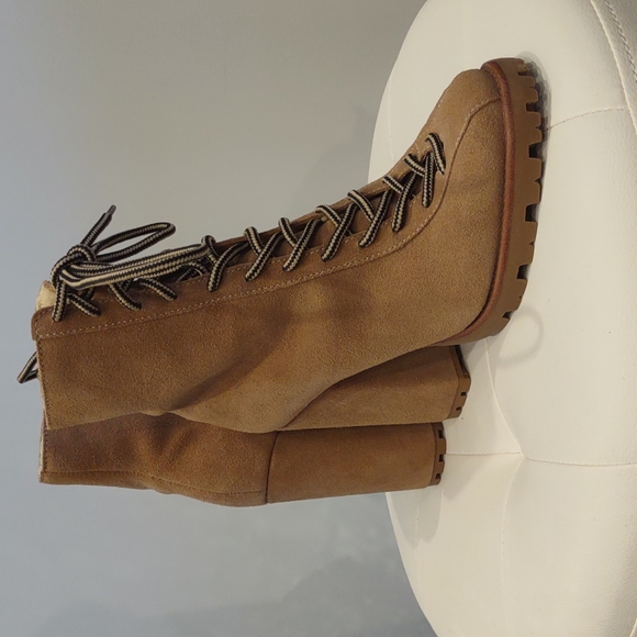 Schutz High Heel Lace Zip Up Nana Hiking Boot Chunky Lug Sole Suede Fleece 9 1/2 - Picture 3 of 9